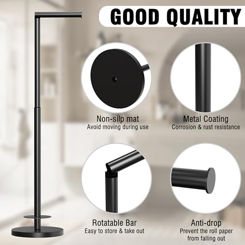 RUACQ Bathroom Toilet Paper Holder Stand with Storage, Matte Black | Free Standing Toilet Roll Holder, Height Adjustable, Holds 6 Reserve Rolls, Weighted Base, 304 Stainless Steel Rustproof - color: Matte Black