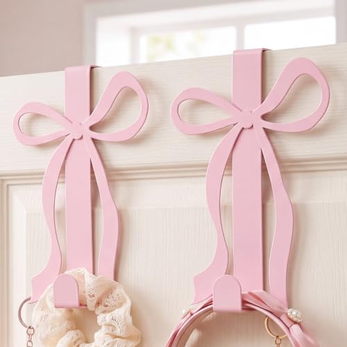 2 Pack Pink Bow Over The Door Hooks Metal Strong Door Hanger Hooks Coquette Bow Bathroom Decor Accessories for Cabinet Bath Bedroom Living Room Kitchen Hanging Clothes Towels Hats Coats Bag - color: Pink