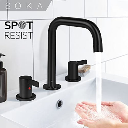 SOKA 8-16 Inch Widespread Bathroom Faucet 2 Handles Matte Black Commercial Sink Touch 3 Pieces Vanity Lavatory 360 Degree Rotating Faucet Pop Up Drain Assembly - color: Matte Black, size: 8" Gooseneck