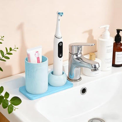 Ceramic Toothbrush Holder & Toothbrush Cup with Diatomite Tray for Bathroom, Bathroom Tumbler Cups Reusable Toothbrush Mouthwash Cup, Shower Counter Storage Organizer (Blue) - color: Blue Combination