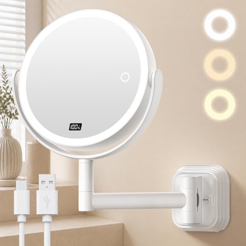Auxmir 1X/30X Wall Mounted Makeup Mirror，No Drilling Magnifying Mirror | battery display, drill-free or screw mounting, 3-color dimmable light, 360°rotation, rechargeable 2000mAh, 2 adhesive bases - color: Snow White 30x