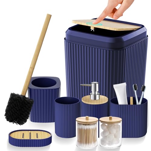 Bathroom Accessories Set - Unbreakable Navy Blue Bathroom Set, Trash Can, Toilet Brush with Holder, Soap Dispenser, Toothbrush and Toothpaste Holder, Tumbler Cup, Soap Dish, Qtip Holder, Bamboo Decor - color: Navy Blue, size: 8 Pieces