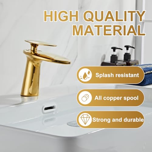 Shiny Polished Gold Waterfall Bathroom Sink Faucet and Pop Up Drain - color: Polished Gold, size: Short Body