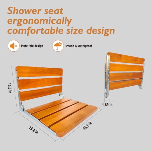 Folding Shower Seat Wall Mounted Shower Seat,Folding Shower Bech Chair 316 Stainless Steel Frame,Foldable Teak Wood Fold Down Shower Seat Beech Wood 450 lbs,1 Pack - color: Beech Wood Color