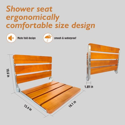 Folding Shower Seat Wall Mounted Shower Seat,Folding Shower Bech Chair 316 Stainless Steel Frame,Foldable Teak Wood Fold Down Shower Seat Beech Wood 450 lbs,1 Pack - color: Beech Wood Color