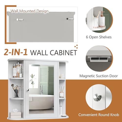Bathroom Medicine Cabinet, Bathroom Mirror Cabinet Wall Mounted with 6 Side Open Shelves, White Wall Cabinet with Mirror, White - color: White