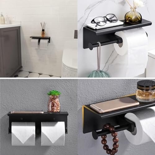 Double Toilet Paper Holder with Phone Shelf KWQKEM Dual Roll Tissue Holder Dispenser Wall Mounted SUS304 Commercial Stainless Steel Roll Holder Storage Cool Bathroom Accessory (Matte Black)
