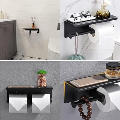 Double Toilet Paper Holder with Phone Shelf KWQKEM Dual Roll Tissue Holder Dispenser Wall Mounted SUS304 Commercial Stainless Steel Roll Holder Storage Cool Bathroom Accessory (Matte Black)