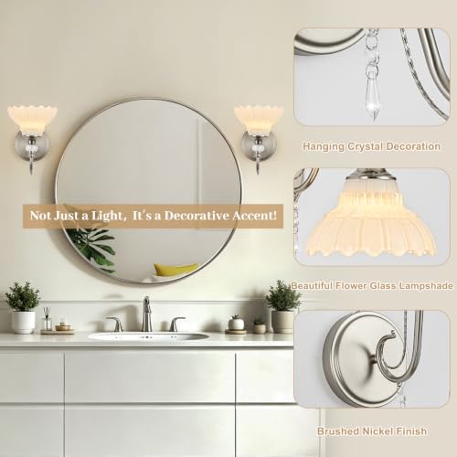 1 Piece Brushed Nickel Finish Wall Sconce, 1-Light Modern Wall Sconce with Hanging Crystal Accents and Flower-Shaped White Shades for Bathroom Bedroom Living Room,Modern Vanity Light - color: Nickel and White, size: 1-Light