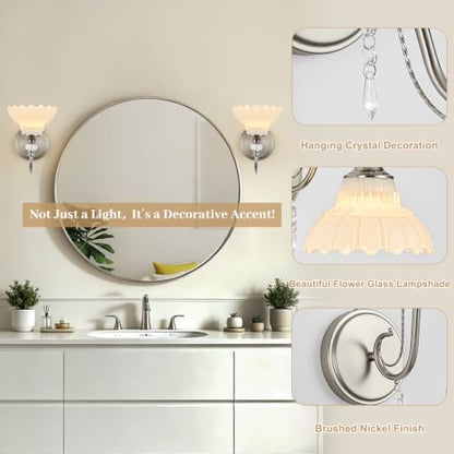 1 Piece Brushed Nickel Finish Wall Sconce, 1-Light Modern Wall Sconce with Hanging Crystal Accents and Flower-Shaped White Shades for Bathroom Bedroom Living Room,Modern Vanity Light - color: Nickel and White, size: 1-Light