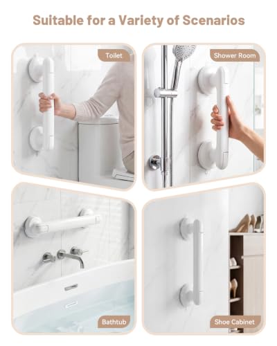 JOTPE 2026 Upgraded Suction Grab Bar for Shower,11-Inch No-Drill,White | Waterproof, removable shower grab bar mounts on smooth, non-porous surfaces without drilling for convenient balance support