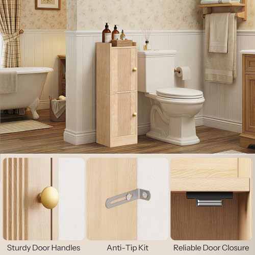 HOOBRO Slim Bathroom Cabinet for Small Spaces, Narrow Toilet Paper Cabinet with Doors, 9.8”W Space Saving Floor Cabinet with Adjustable Shelves, Farmhouse Wooden Organizer, Natural