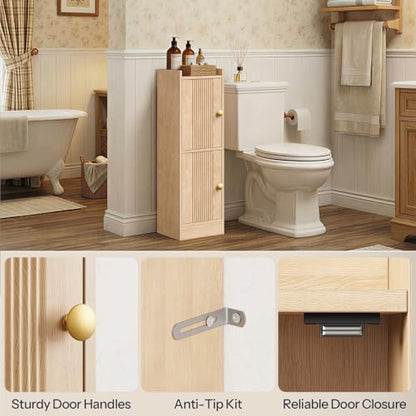 HOOBRO Slim Bathroom Cabinet for Small Spaces, Narrow Toilet Paper Cabinet with Doors, 9.8”W Space Saving Floor Cabinet with Adjustable Shelves, Farmhouse Wooden Organizer, Natural
