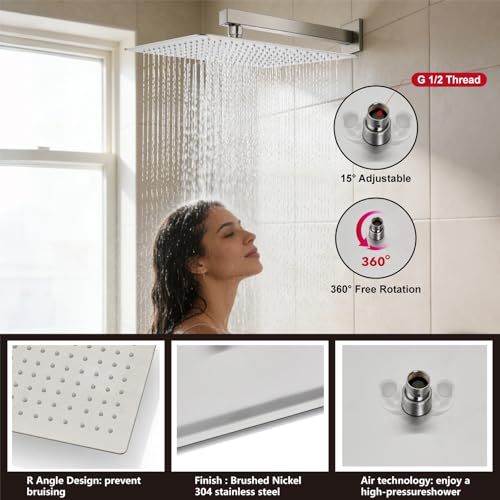 Midanya Shower System with Tub Spout,Bathtub Shower Faucet Set with Square Rainfall Head and Handheld Sprayer Wall Mount Tub Faucet Set with Valve and Trim Kit,16 Inch Brushed Nickel - color: Brushed Nickel, size: 16 Inch