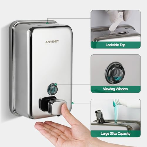 anydry Commercial Soap Dispenser Wall Mounted 37oz Brushed Stainless Steel | Liquid Hand Soap Dispenser, Ideal for Commercial Bathroom, Large Capacity, Easy Refill, Leak-Proof Pump, Stable Installation - color: Polished
