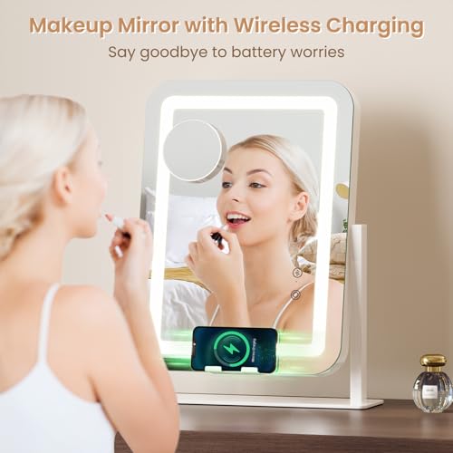 Dripex 5-in-1 Lighted Vanity Mirror with Bluetooth Speaker & Wireless Charging, 15"x12" LED Makeup Mirror with Lights 3 Colors Dimmable, Phone Holder Touch Keys 10X Magnification - color: Wireless Charging White