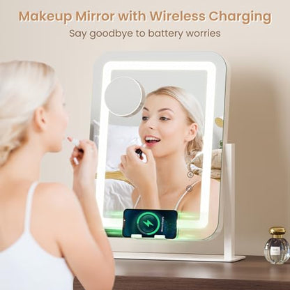 Dripex 5-in-1 Lighted Vanity Mirror with Bluetooth Speaker & Wireless Charging, 15"x12" LED Makeup Mirror with Lights 3 Colors Dimmable, Phone Holder Touch Keys 10X Magnification - color: Wireless Charging White