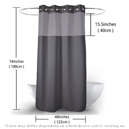 48" W x 74“ L Hook Free Fabric Stall Shower Curtain with Polyester Snap-in Liner with Magnets–Hotel Quality Top See Through Grey - color: Grey, size: 48"W x 74"L (Pack of 1)