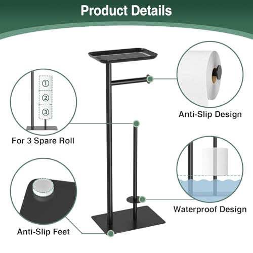 Toilet Paper Holder Stand with Top Storage Shelf | Free Standing Toilet Roll Dispenser for Bathroom, Holds 4 Reserve Rolls, Silver - color: Matte Black