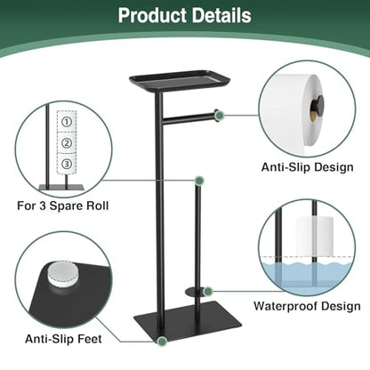 Toilet Paper Holder Stand with Top Storage Shelf | Free Standing Toilet Roll Dispenser for Bathroom, Holds 4 Reserve Rolls, Silver - color: Matte Black