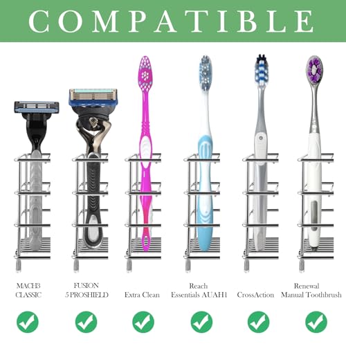Linkidea Wall Mount Toothbrush Holder for Bathroom, Stainless Steel Stand for Electric Toothbrush, Toothpaste, Razor, Self Adhesive/Countertop 5 Slots Organizer (Chrome) - size: Small