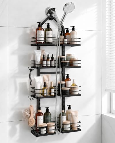 4-Tier Adjustable Hanging Shower Caddy for Handheld Showerhead, Black | Rustproof Shower Rack Baskets, Anti-Swing Hanging Shower Organizer for Bathroom Storage with 2 S-Hooks, Large Capacity - color: 4-Tier Black