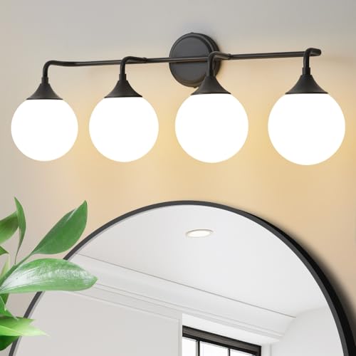 Black Bathroom Light Fixtures Over Mirror Vanity 4-Light | Mid Century Modern Matte Black Wall Sconce with Milky White Glass Ball Shades for for Bathroom Dressing Table Bedroom - color: Black, size: 4-light