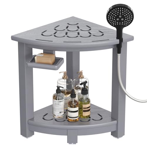 NALONE Corner Shower Stool, HDPE Shower Bench for Inside Shower, Small Shower Chair Seat for Shaving Legs with Storage Shelf, Soap Box and No-Slip Feet (Grey) | Small Shower Chair Seat for Shaving Legs, with Storage Shelf, Soap Box and No-Slip Feet, All W