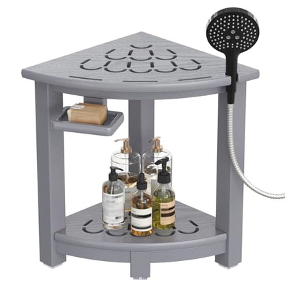NALONE Corner Shower Stool, HDPE Shower Bench for Inside Shower, Small Shower Chair Seat for Shaving Legs with Storage Shelf, Soap Box and No-Slip Feet (Grey) | Small Shower Chair Seat for Shaving Legs, with Storage Shelf, Soap Box and No-Slip Feet, All W