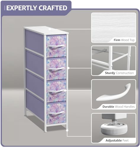 Sorbus Kids Narrow Dresser with 4 Drawers - Vertical Slim Storage Chest of Drawers with Steel Frame, Wood Top & Easy Pull Fabric Bins for Small Spaces, Closets, Bedroom, Bathroom & Laundry - color: Tie-dye Blue/Pink/Purple, style: 4 Drawer