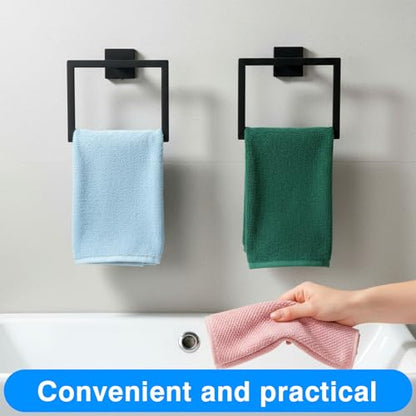 2 Pack Matte Black Towel Ring, Stainless Steel Hand Towel Holder, Modern Square Wall Mounted Bathroom Rack Hangers