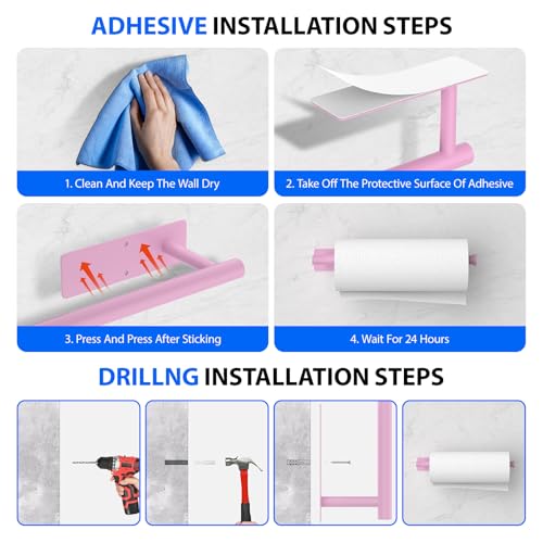 Paper Towel Holder Under Cabinet, Self-Adhesive,No Drilling, Stainless Steel, Wall-Mounted for Kitchen and Bathroom, Easy Install, Durable, Space-Saving, Ideal for Home, RV (Pink, 1 Pack) - color: Pink