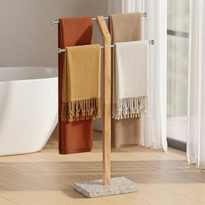 KES Wood Standing Towel Rack with Weighted Gold Granite Base, Brushed Steel | 3 Tier Width Adjustable Free Standing Towel Rack Stand for Bathroom, 18/8 Stainless Steel for Premium Rust Resistance - color: Golden Granite
