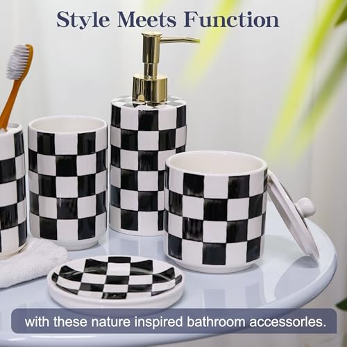 Ceramic Bathroom Soap Dispenser Set, Black and White Checkered Bathroom Vanity Set with Lotion Pump, Toothbrush Holder, Soap Dish & Storage Jar, Modern Bathroom Sink Accessories - style: Black