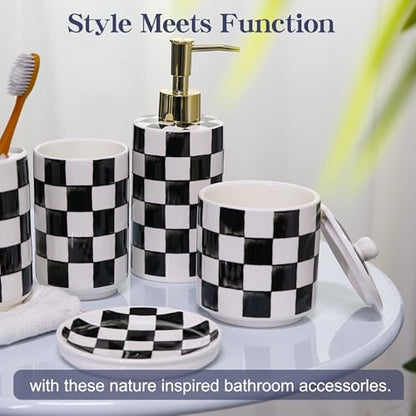Ceramic Bathroom Soap Dispenser Set, Black and White Checkered Bathroom Vanity Set with Lotion Pump, Toothbrush Holder, Soap Dish & Storage Jar, Modern Bathroom Sink Accessories - style: Black