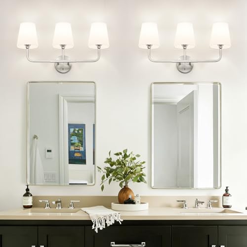 MOKATNG Bathroom Light Fixtures, 3-Light Brushed Nickel Vanity Lights, Bathroom Lighting Fixtures Over Mirror with Flared White Fabric Shade, Modern Wall Sconces for Living Room Hallway - color: Brushed Nickel & White Shade