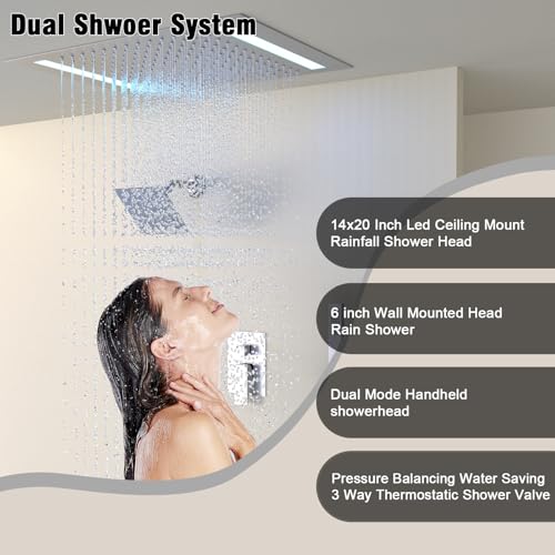 Rain Shower Head System with 14x20 Inch Ceiling Mount LED Head & 6 Inch Wall Head and Handheld Shower 3 Way Pressure Balance Valve Kit,Brushed Nickel - color: Brushed Nickel, style: 14x20 inch+6inch