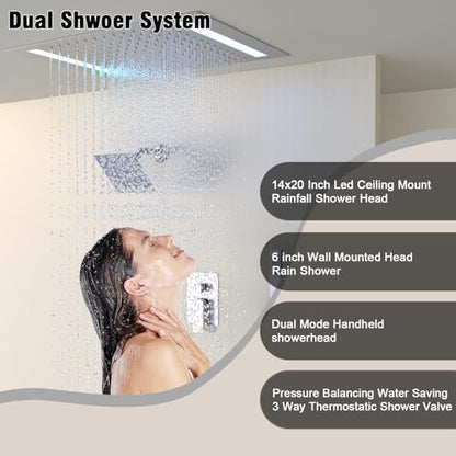 Rain Shower Head System with 14x20 Inch Ceiling Mount LED Head & 6 Inch Wall Head and Handheld Shower 3 Way Pressure Balance Valve Kit,Brushed Nickel - color: Brushed Nickel, style: 14x20 inch+6inch