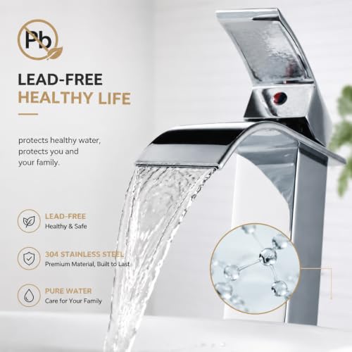VOTON Vessel Sink Faucet Chrome Modern Tall Waterfall Bathroom Sink Faucet with Pop-Up Drain Single Handle Bathroom Faucet 1 Hole Bowl Lavatory Vanity Faucet, Rv Sink Camper Farmhouse Bathroom Faucet - color: Chrome, size: Tall