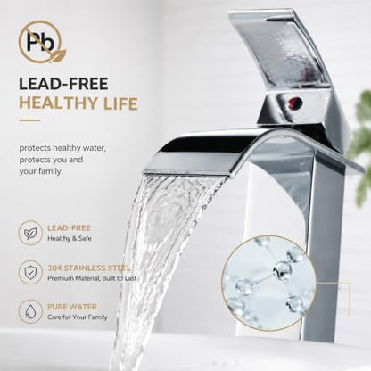 VOTON Vessel Sink Faucet Chrome Modern Tall Waterfall Bathroom Sink Faucet with Pop-Up Drain Single Handle Bathroom Faucet 1 Hole Bowl Lavatory Vanity Faucet, Rv Sink Camper Farmhouse Bathroom Faucet - color: Chrome, size: Tall