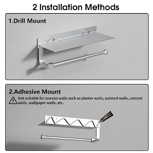 Wall Mount Paper Towel Holder with Shelf for Bathroom/Kitchen, Adhesive Hand Towel Holder, Matte Silver - color: Silver