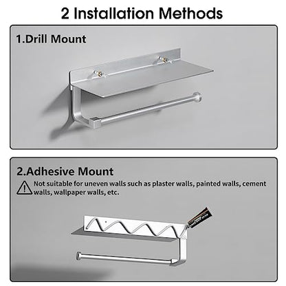 Wall Mount Paper Towel Holder with Shelf for Bathroom/Kitchen, Adhesive Hand Towel Holder, Matte Silver - color: Silver