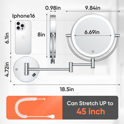 FUNTOUCH AC Plug in Powered 1X/30X Wall Mounted Makeup Mirror with Lights | Double Sided 1X/30X Magnifying,3 Color Lights,Touch Dimmable, Extended Arm 360 Rotation Lighted Bathroom Mirror Magnification - color: Chrome