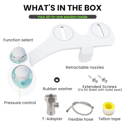 RV Bidet Toilet Seat Attachment, RV Bidet for Camper Toilet with Dual Nozzles, Self/Rear/Front Cleaning, Non-Electric, Adjustable Water Pressure, Fresh Water - color: Aqua-Chrome