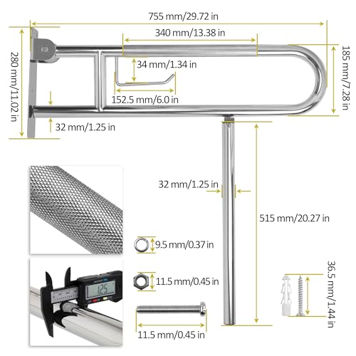 Handicap Grab Bar,29.5 Inch Stainless Steel 1.25" Diameter Toilet Safety Rails for Bathroom with Paper Holder, Anti-Slip Flip-Up Support Rail for Seniors Elderly - size: 29.5 Inch