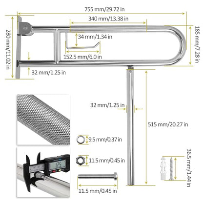 Handicap Grab Bar,29.5 Inch Stainless Steel 1.25" Diameter Toilet Safety Rails for Bathroom with Paper Holder, Anti-Slip Flip-Up Support Rail for Seniors Elderly - size: 29.5 Inch