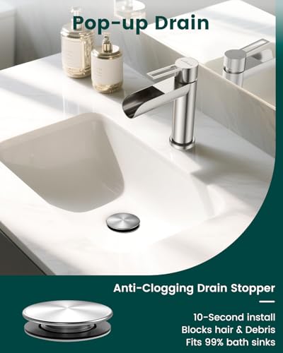 APPASO Brushed Nickel Waterfall Bathroom Sink Faucet for 1-3 Hole Sinks | One Hole Bathroom Faucets with Pop Up Drain Assembly and Deck Plate, Stainless Steel to Fit Vanity Lavatory Laundry Sinks - color: Brushed Nickel-1