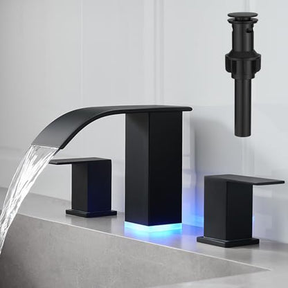 RUMOSE LED Bathroom Faucets Set 3 Hole Vanity Faucet with Pop Up Drain | Matte Black Bathroom Sink Faucet, Widespread Waterfall, 3 Colors Light Changing, Stainless Steel, Deck Mounted - color: Matte Black