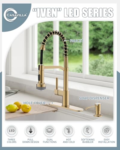 LED Kitchen Faucet with Soap Dispenser, Gold Kitchen Faucet, Faucet for Kitchen Sink, Single Handle Stainless Steel Camper Farmhouse RV Sink Faucets with Pull Down Sprayer - color: C-Brushed Gold, style: Contemporary