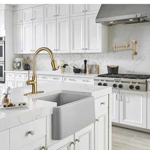 Lava Odoro Brushed Gold Kitchen Faucet with Pull Down Sprayer | Single Handle Kitchen Sink Faucet with 3-Function Sprayer, Deck Plate Included, 1.8GPM, KF421-SG - color: Brushed Gold, style: Standard